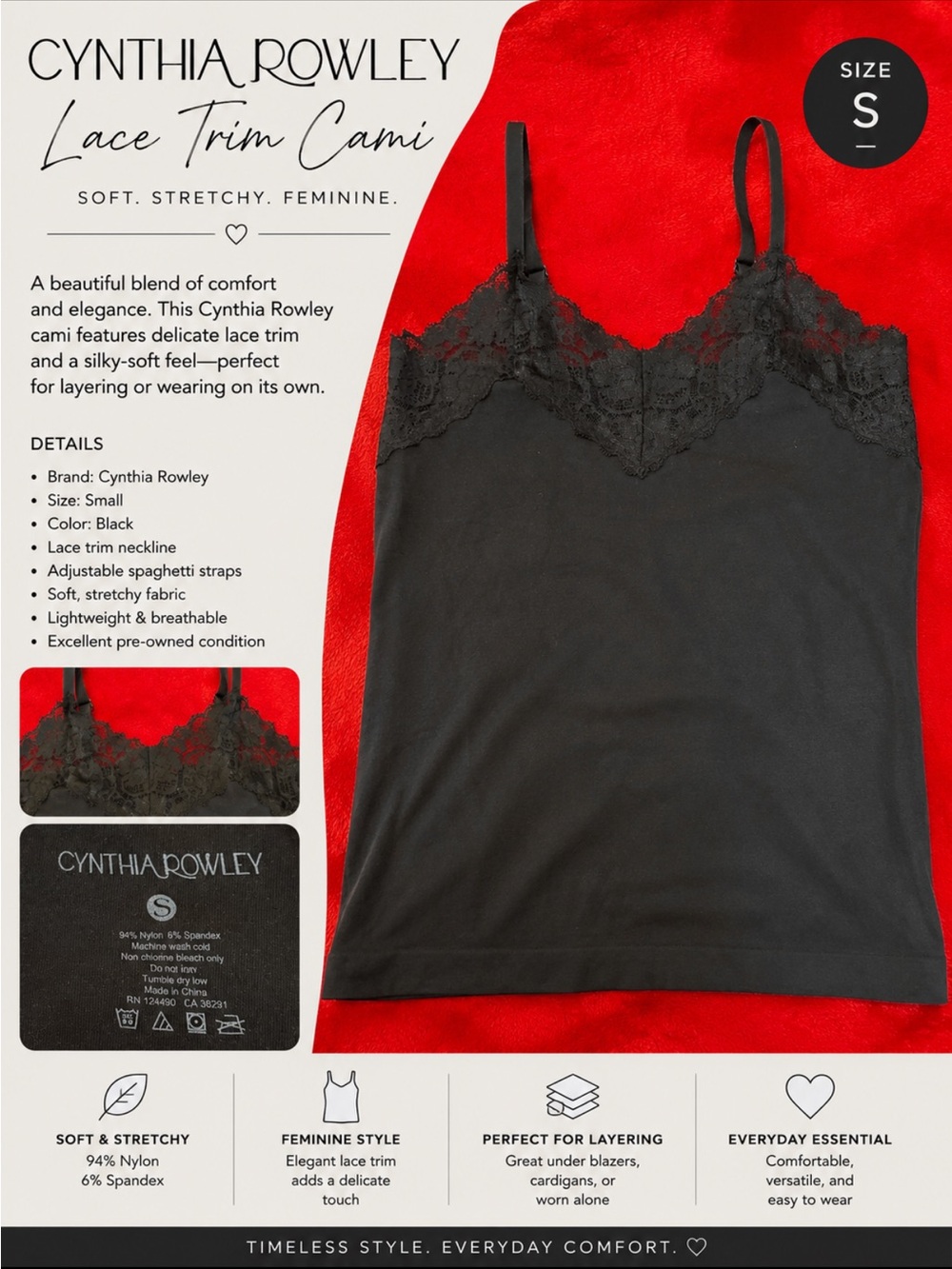 Cynthia Rowley Black Lace-Trim Stretch Cami
Size S